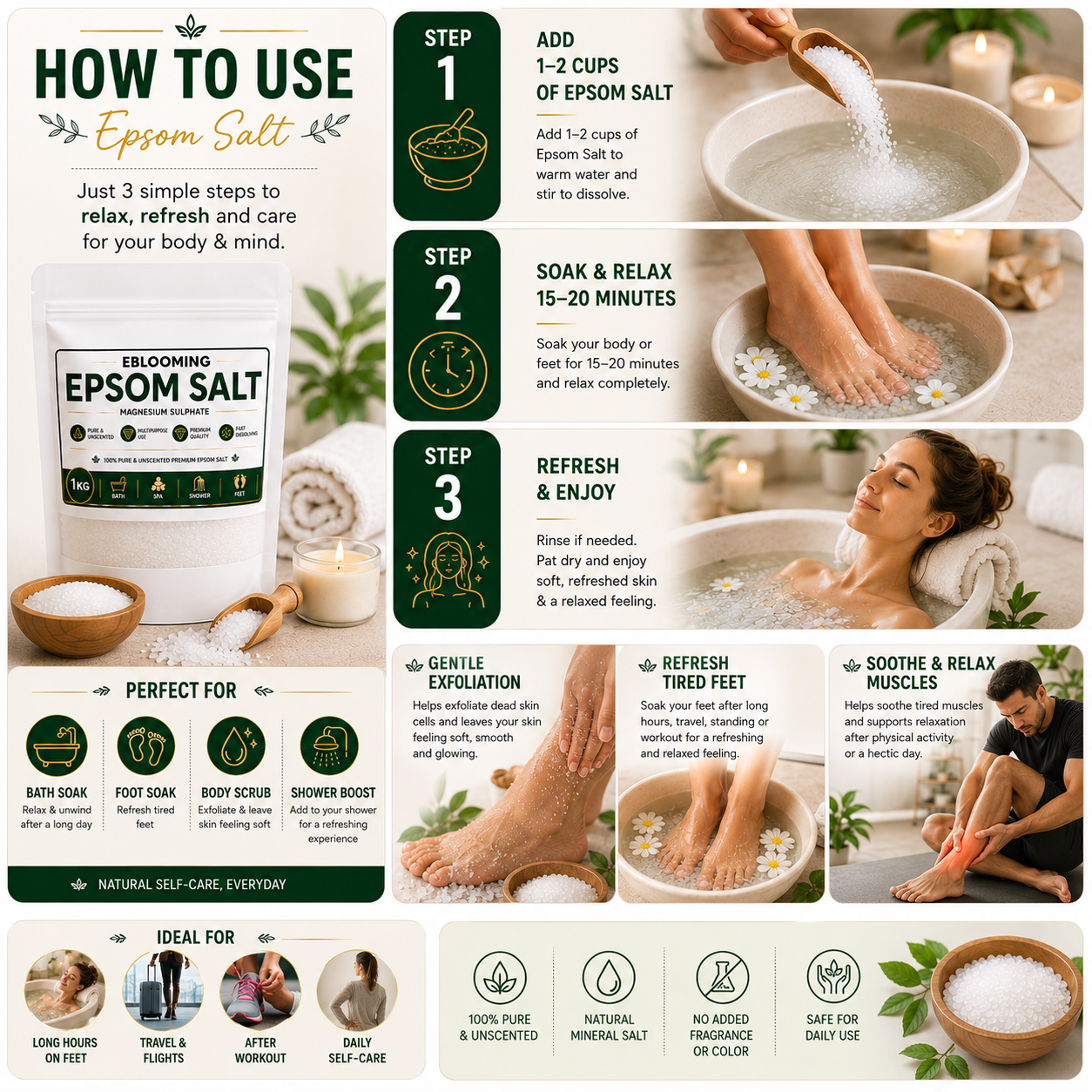 Pure Unscented Epsom Bath Salt for Foot Soak, Spa & Muscle Relaxation, 1kg