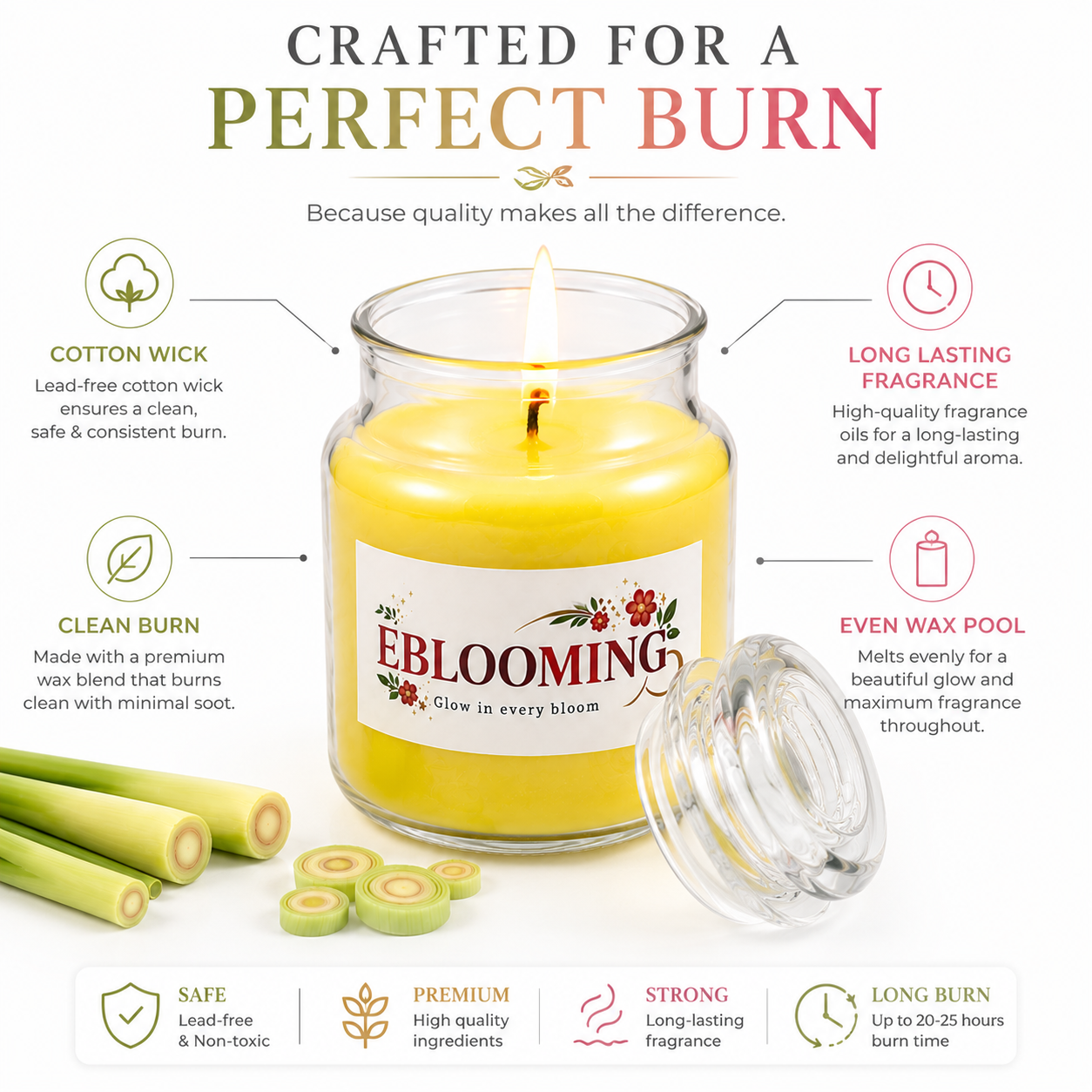 Lemongrass & Rose Fragrance Glass Jar Candles Pack of 2