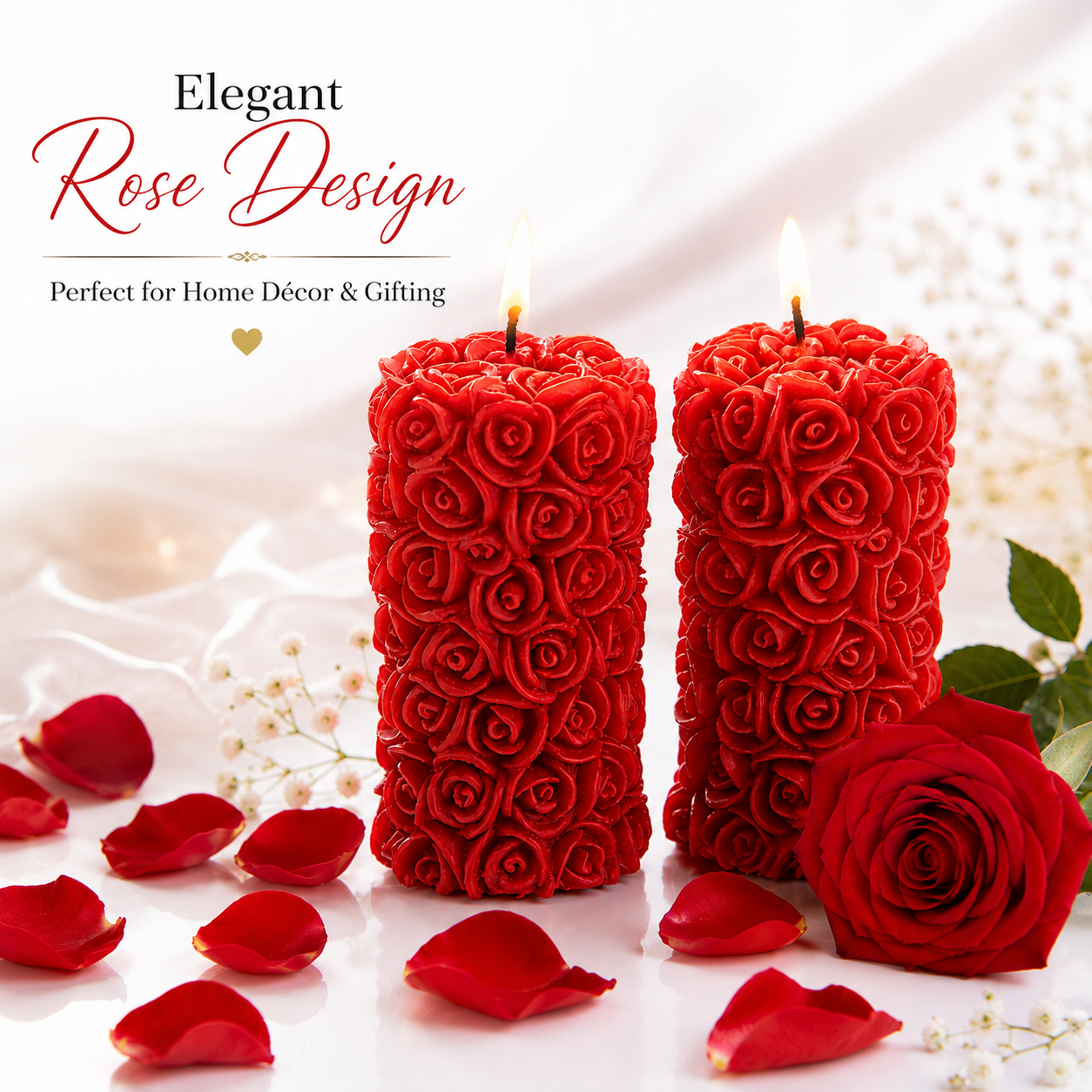 Red Rose Pillar Candles Pack of 2