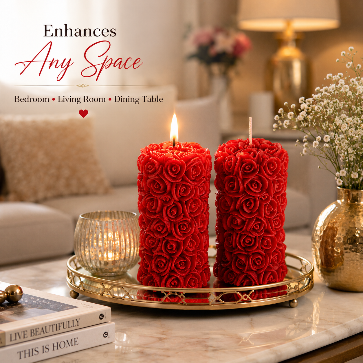 Red Rose Pillar Candles Pack of 2