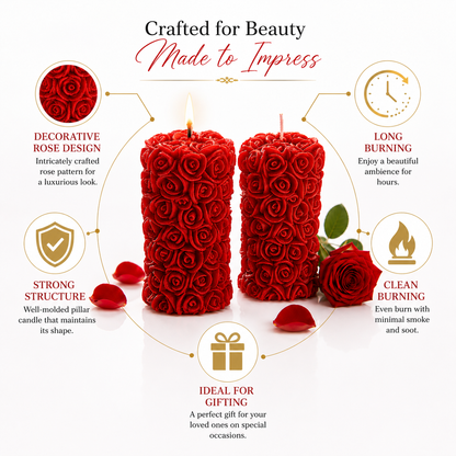 Red Rose Pillar Candles Pack of 2