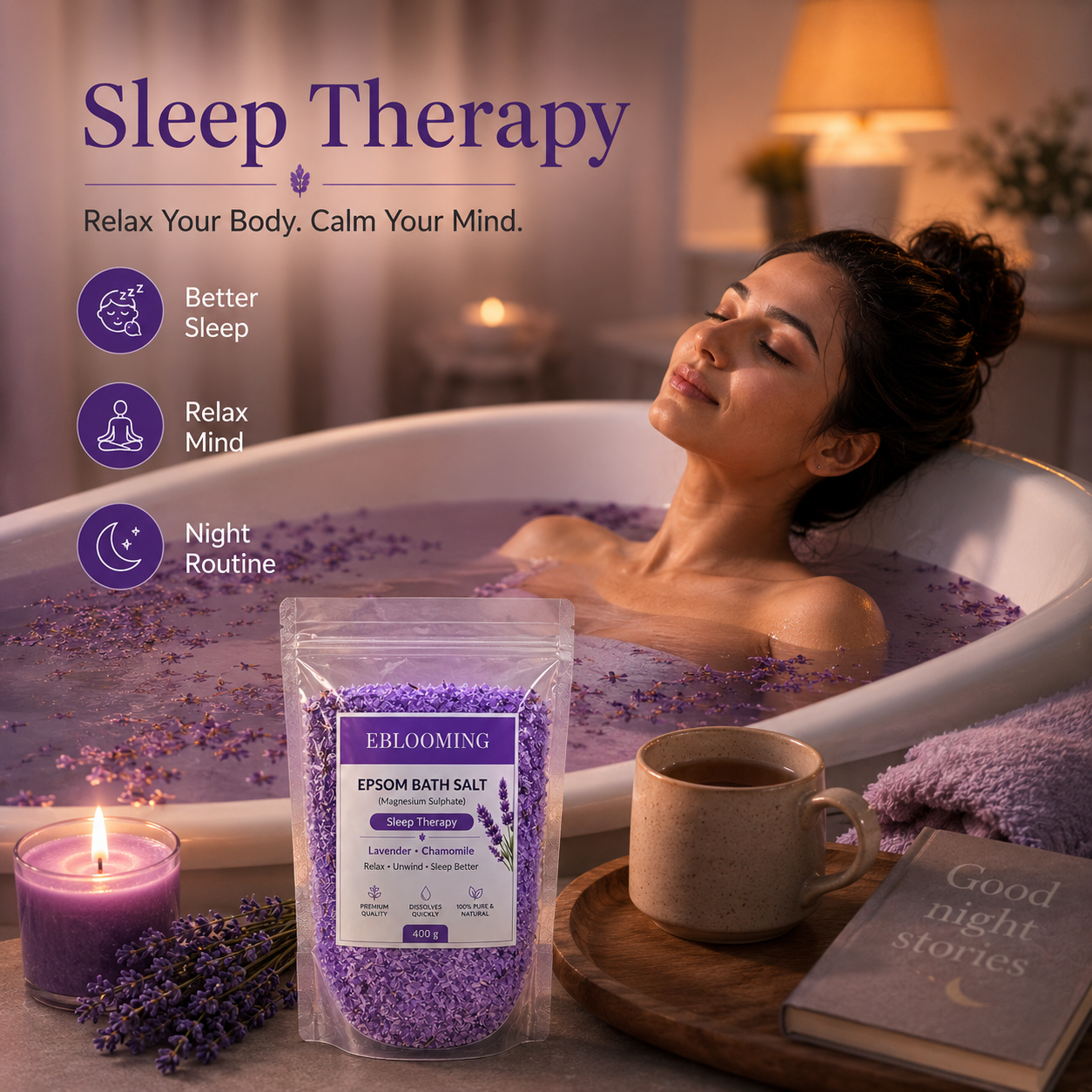Lavender Chamomile Epsom Bath Salt for Relaxing Bath, 400g