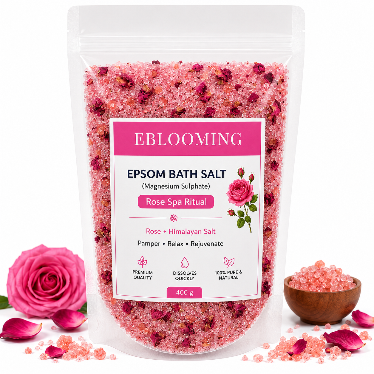 Rose Petal Epsom Bath Salt with Himalayan Pink Salt, 400g