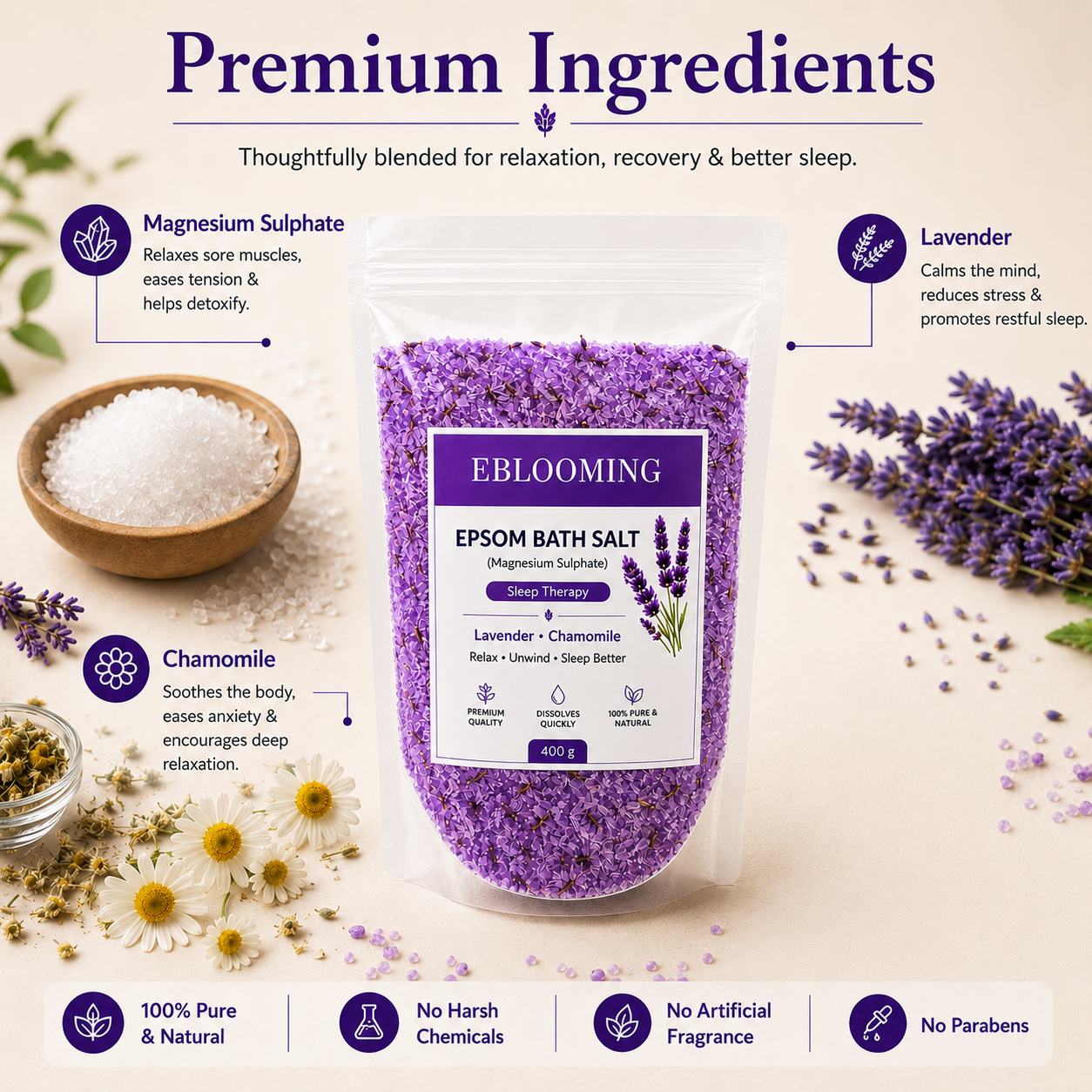 Lavender Chamomile Epsom Bath Salt for Relaxing Bath, 400g