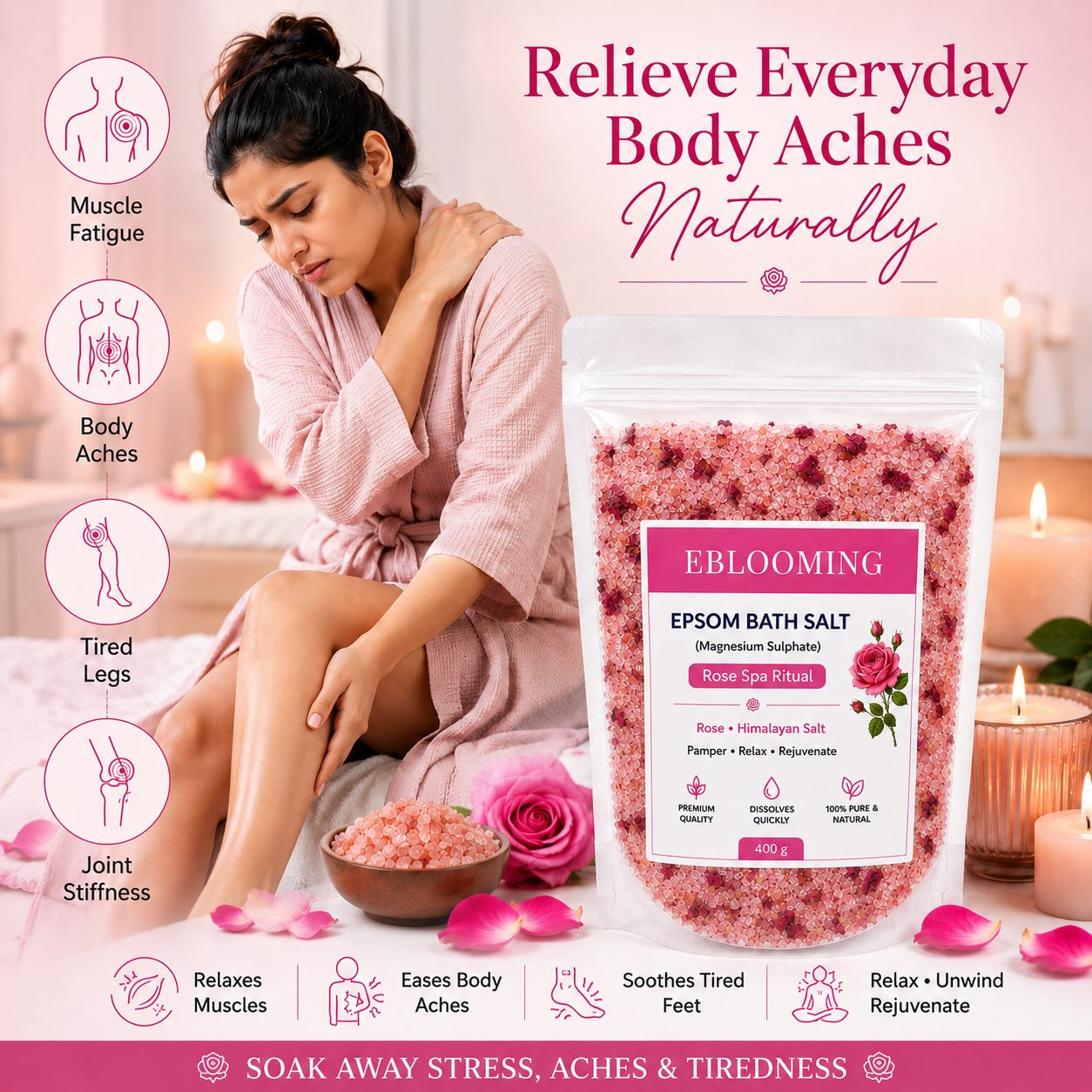 Rose Petal Epsom Bath Salt with Himalayan Pink Salt, 400g