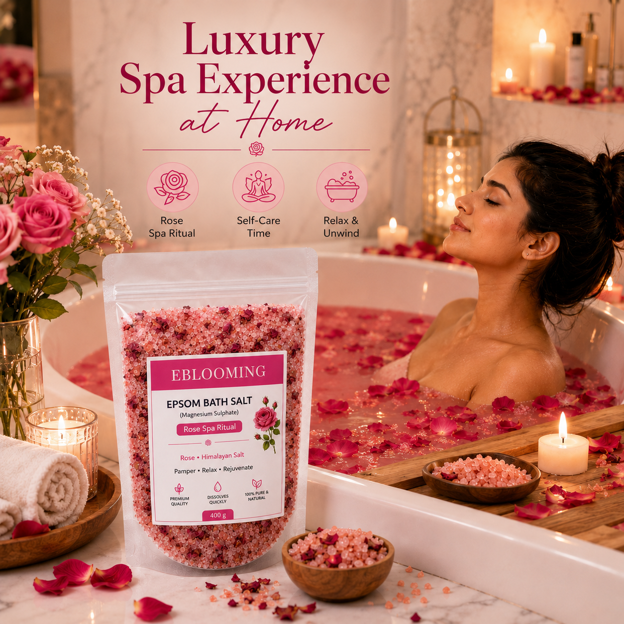 Rose Petal Epsom Bath Salt with Himalayan Pink Salt, 400g
