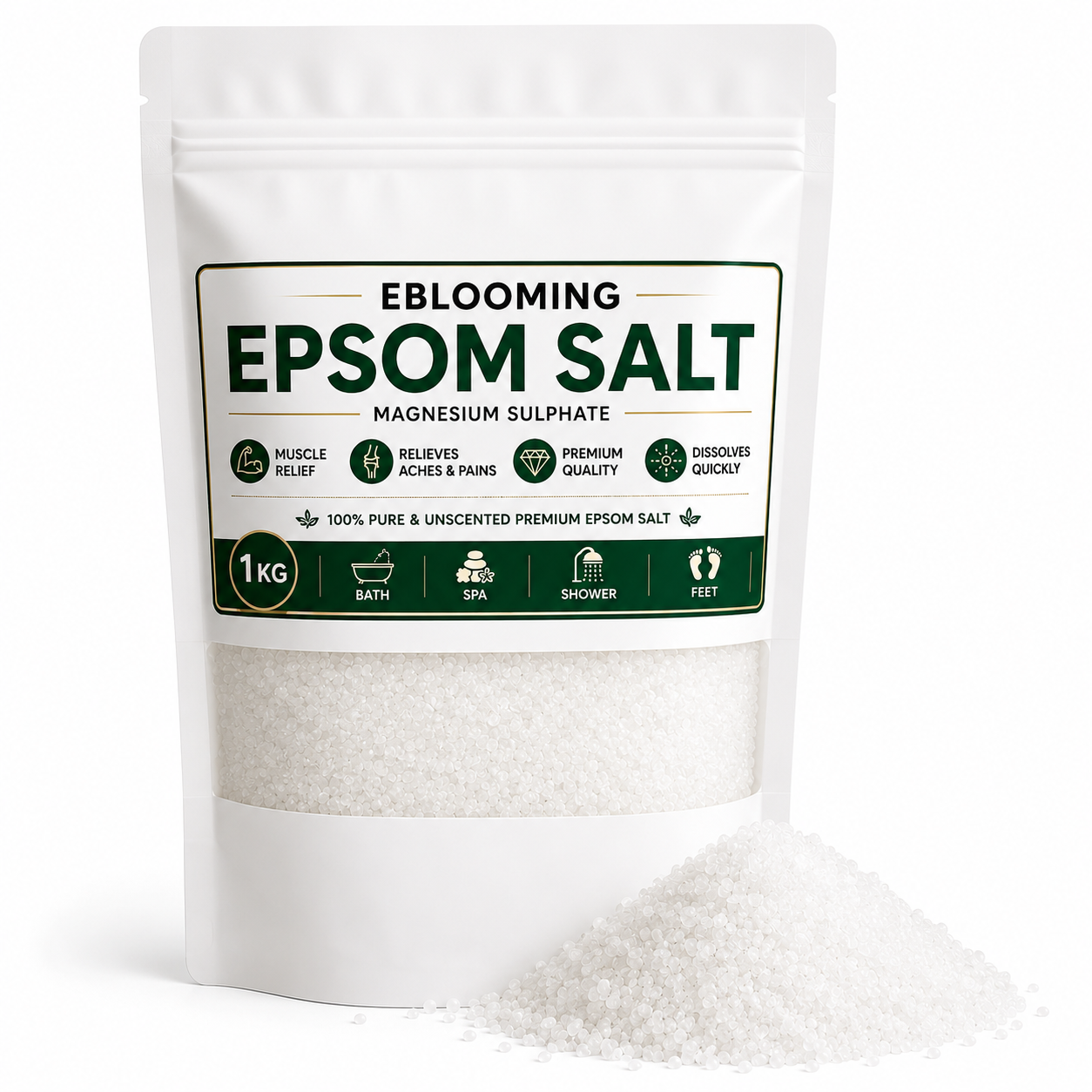 Pure Unscented Epsom Bath Salt for Foot Soak, Spa & Muscle Relaxation, 1kg