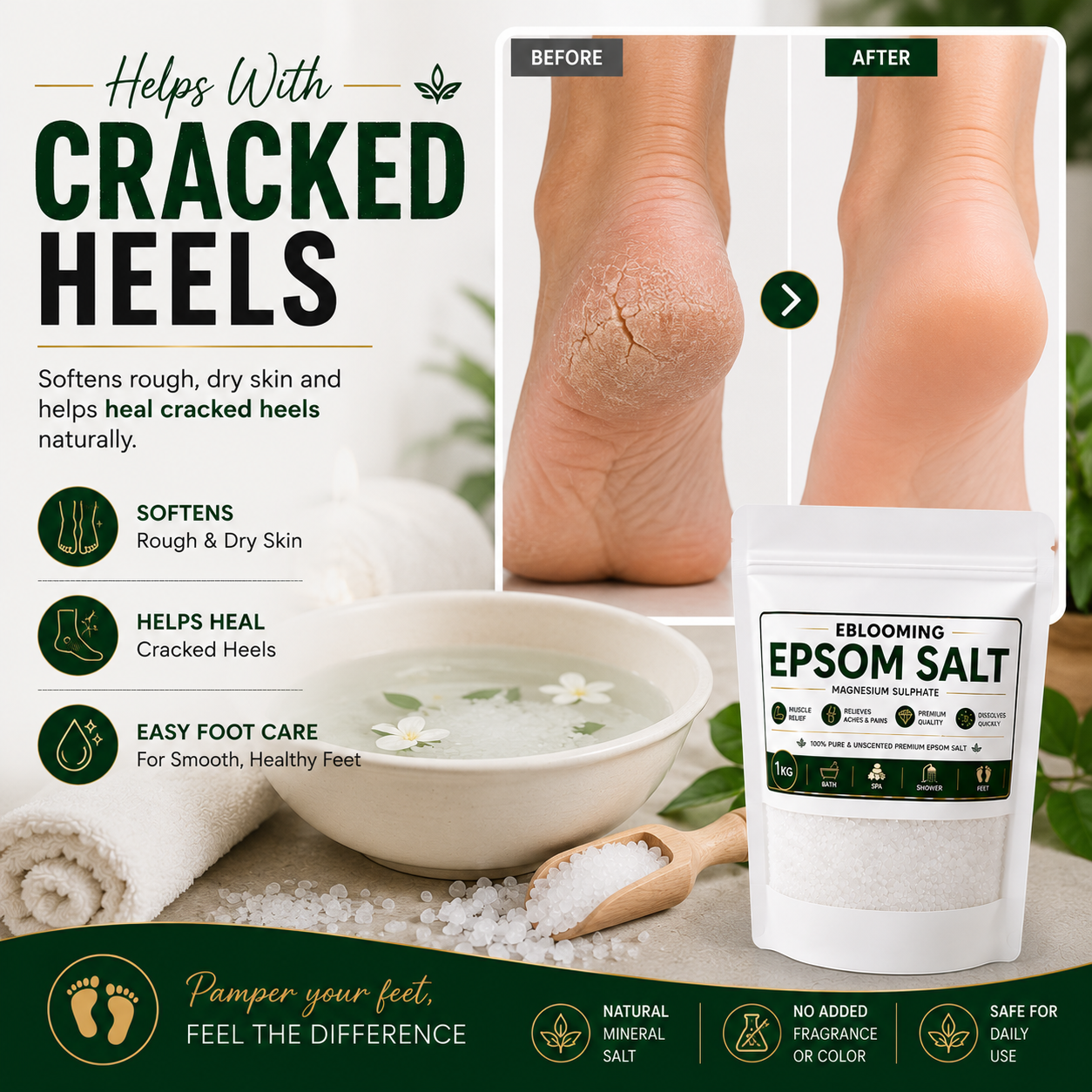 Pure Unscented Epsom Bath Salt for Foot Soak, Spa & Muscle Relaxation, 1kg