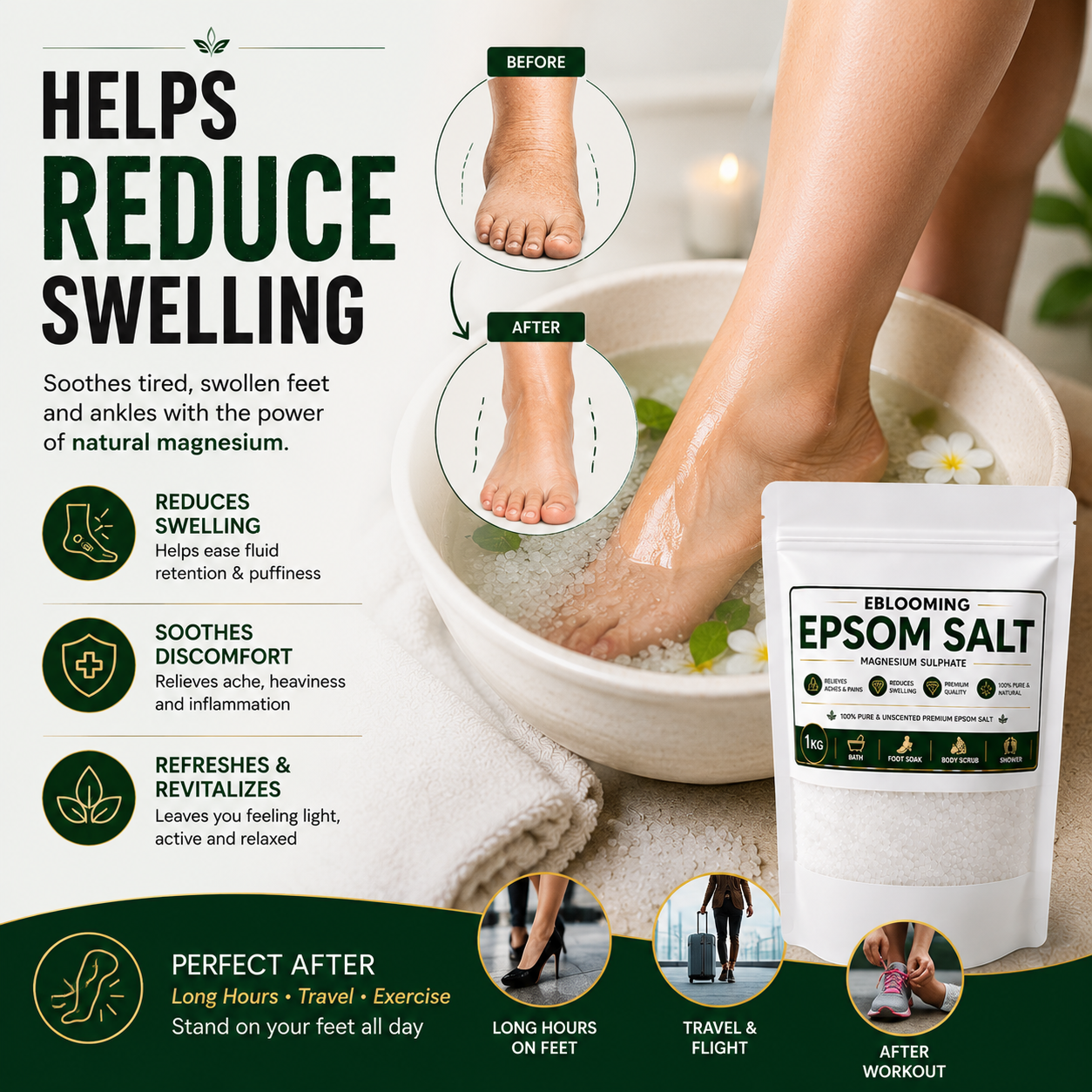 Pure Unscented Epsom Bath Salt for Foot Soak, Spa & Muscle Relaxation, 1kg
