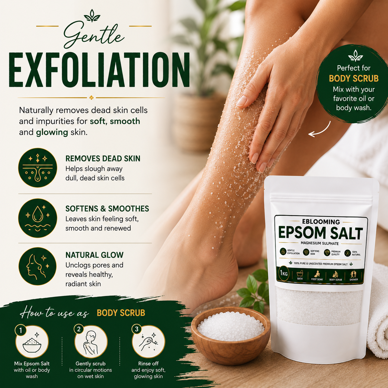 Pure Unscented Epsom Bath Salt for Foot Soak, Spa & Muscle Relaxation, 1kg