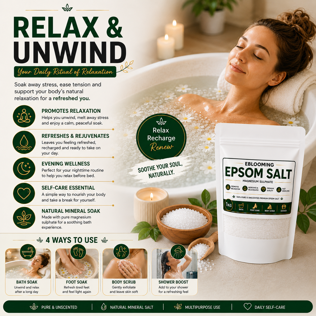 Pure Unscented Epsom Bath Salt for Foot Soak, Spa & Muscle Relaxation, 1kg