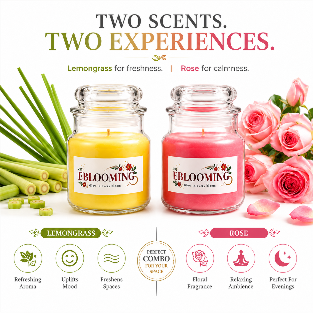 Lemongrass & Rose Fragrance Glass Jar Candles Pack of 2